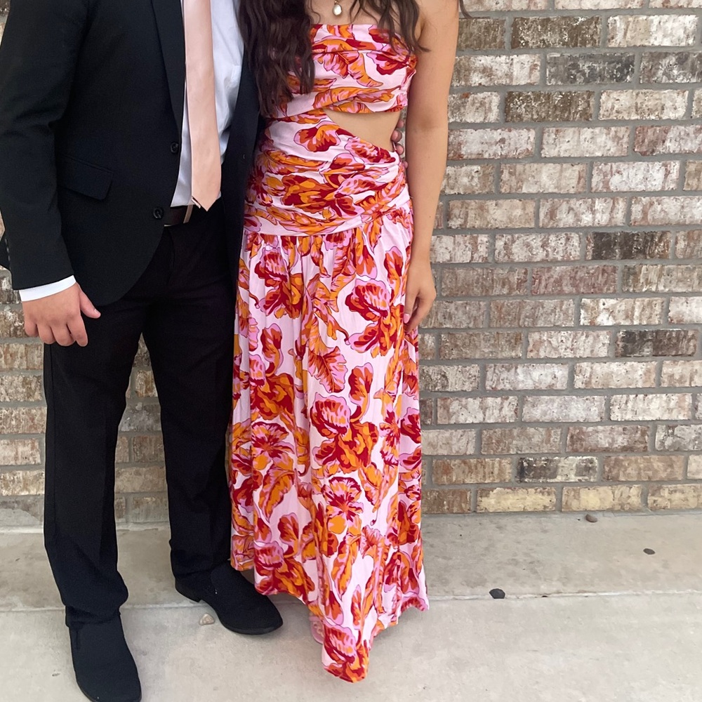 Pink floral strapless cut-out formal dress